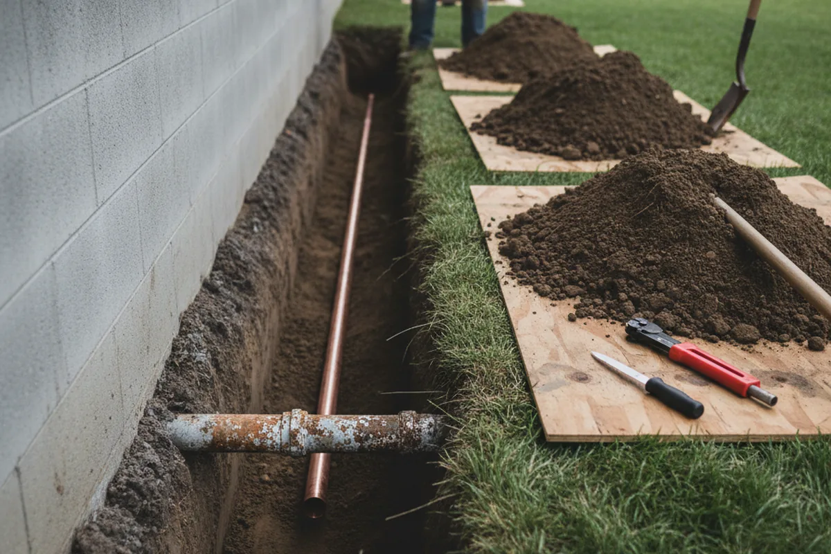 Excavated water line trench during Sewer Line Repair in Fishers Landing